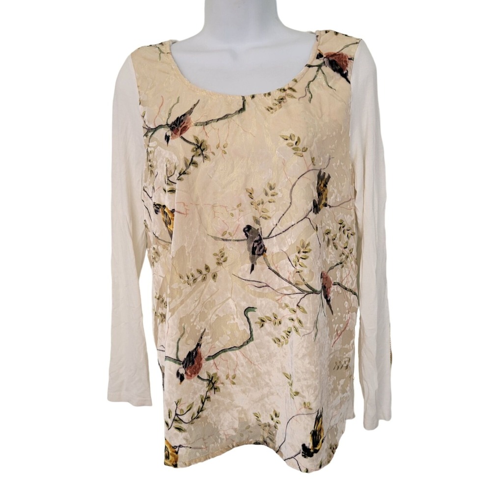 Anthro Deletta Bird Print Long Sleeve Top Cream S Velvet Burnout OAK SONG Dainty